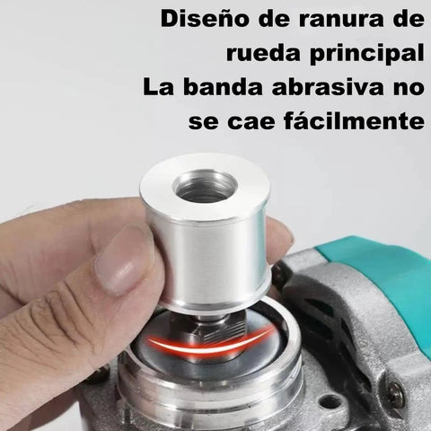 Hand holding aluminum adapter for Badass Angle Grinder To Belt Sander Conversion Adapter, showcasing quick grip attachment features.
