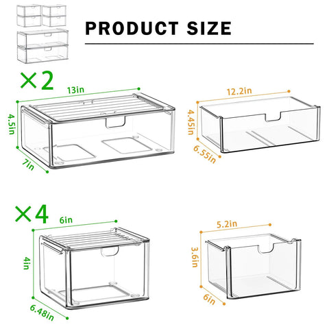 Super Slick Acrylic Stackable Drawer Set Of Six Pack For Vanity And Bathroom Desk Organization Modular Units Stack Up Fast to show product size and dimensions.