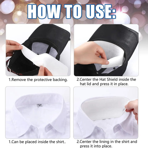 Instructions for using 100 Pack Disposable Hat Sweat Liners For Baseball Caps, showing application in caps and shirts.
