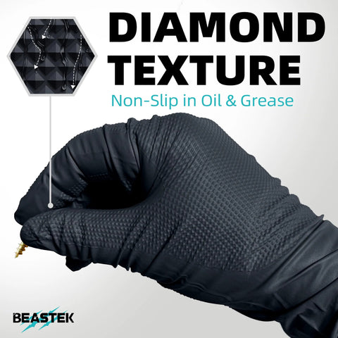 Close-up of 8 Mil Nitrile Disposable Gloves Diamond Textured Black Food Safe Large 50 Pcs, showing non-slip grip.