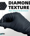 Heavy Duty Nitrile Disposable Gloves, 8 Mil Thick, Black Diamond Textured Finish shown in use with non-slip grip in oil.