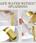 Gold Vessel Sink Faucet Brushed Gold Tall Bathroom Vanity Faucet With Waterfall Flow shown in use and close-ups