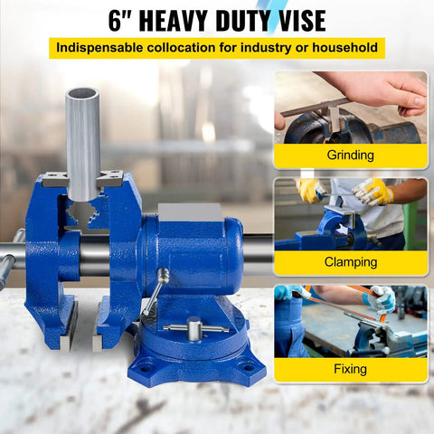 Blue Beefy 6 Inch Bench Vise with 360 Degree Swivel Head and 30kN Clamping, showing grinding, clamping, and fixing tasks.