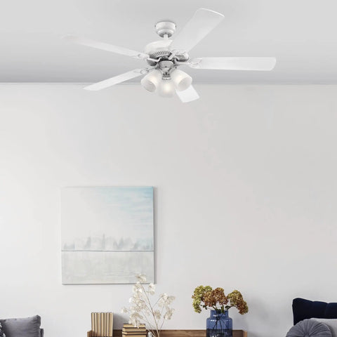 Vintage 52 Inch Indoor Ceiling Fan With Light, White Finish, Reversible White And Whitewashed Pine Blades, LED Light Kit, living room