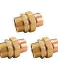 Real Solid 3/4 Inch Brass Pipe Union Fittings Three Pack Copper To Male Thread Sweat Plumbing Connectors, detailed view of fittings.
