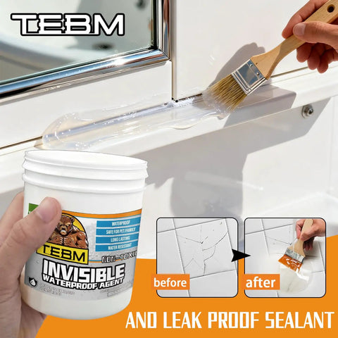 Rock Solid Invisible Waterproof Sealant And Liquid Rubber Coating applied with brush on bathroom corner to seal leaks and moisture.