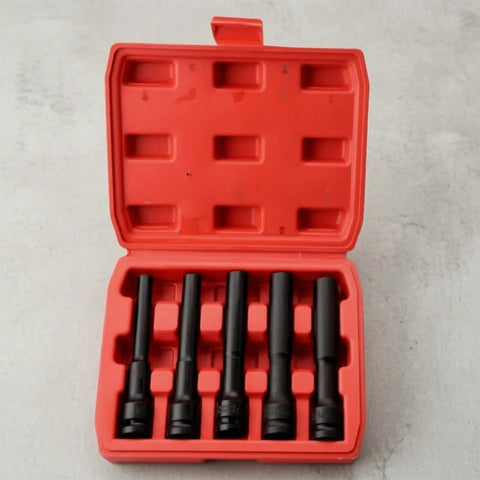 Rock Solid Five Piece Extended Thin Wall Impact Socket Set With Narrow Profile Design For Tough Car Wheel Maintenance And Automotive Repairs in red case