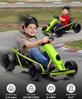 Two children riding on a 24V Electric Go Kart For Kids With Dual 300W Motors, 9Ah Battery, 8.1 MPH Speed, Full Metal Frame, Green.