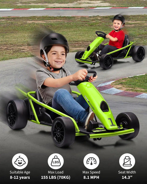 Two children riding on a 24V Electric Go Kart For Kids With Dual 300W Motors, 9Ah Battery, 8.1 MPH Speed, Full Metal Frame, Green.