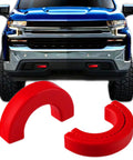 Red Tow Hook Cover Set For Silverado 1500 And Sierra 1500 2007 To 2024 And 2007 To 2018 showing fit on Chevy Silverado 1500