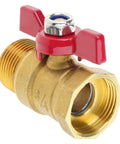 Dang Sturdy Three Quarter Inch Threaded Brass Ball Valve With Snappy Red Butterfly Handle For Zero Hassle Shut Off No Nonsense Rust Resistant Plumbing Fitting Built To Perform Flawlessly, close-up view.