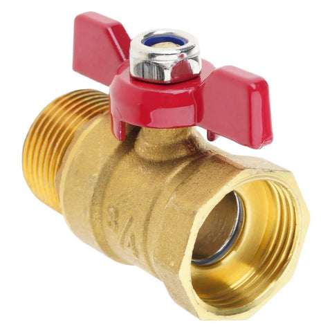 Dang Sturdy Three Quarter Inch Threaded Brass Ball Valve With Snappy Red Butterfly Handle For Zero Hassle Shut Off No Nonsense Rust Resistant Plumbing Fitting Built To Perform Flawlessly, close-up view.