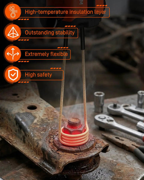 Induction Bolt Removal Kit With 1300W 110V Power, Handheld Induction Heater Tool heating rusty bolt with flexible coil.