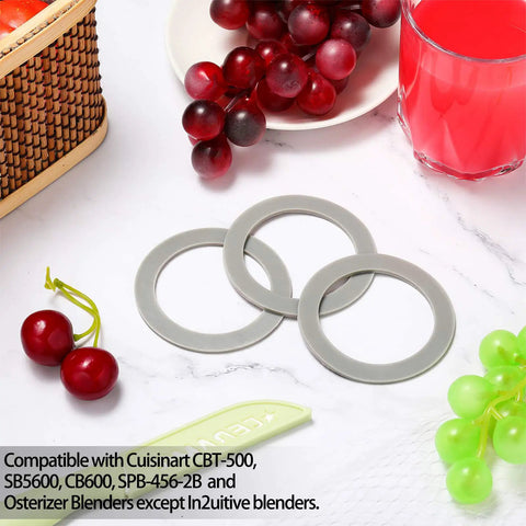 5 Pack Rubber Blender Gasket Replacement Seals Silicone O Ring shown with fruit, fits Oster Osterizer Cuisinart CBT-500 SB5600 CB600 SPB-456-2B
