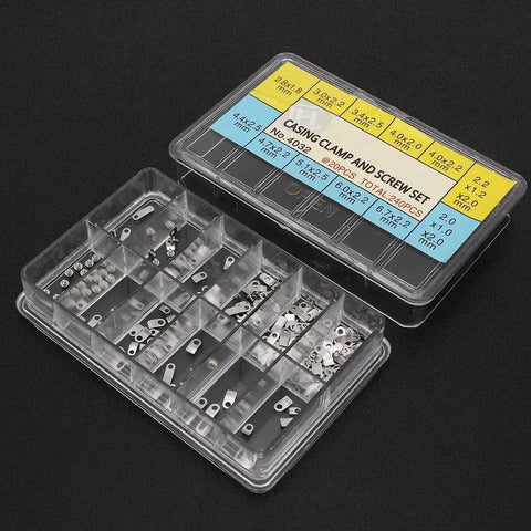12 Size Casing Clamp And Screw Set For Watch Repair Kit with 240 Pieces of assorted movements fixing adapters, organized in box