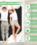 Two people laying on Grounding Bed Mat For Sleep And Recovery 54x78 Inch with benefits of grounding illustrated on the side