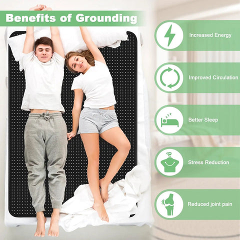 Two people laying on Grounding Bed Mat For Sleep And Recovery 54x78 Inch with benefits of grounding illustrated on the side