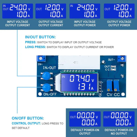 Beefy 12A DC To DC Step Down Power Supply Module With LCD Display Output From 1.2V To 32V 0 To 12A Adjustable CV CC Buck Converter Voltage Regulator Wide 5.3V To 32V Input Great For LED Drivers Battery Charging Solar Panels RV showing LCD screen and buttons