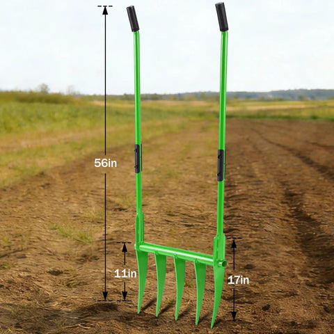 Heavy Duty Broadfork For All Soils With Unbreakable Build, Five Sharp Cambered Eleven Inch Tines, Ergonomic Handles, Green