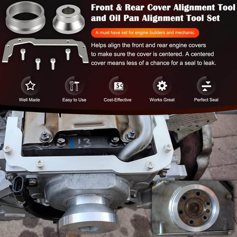 Front And Rear Cover Billet Alignment Tool And Oil Pan Alignment Tool Kit For LS Series Engines displayed with engine components.
