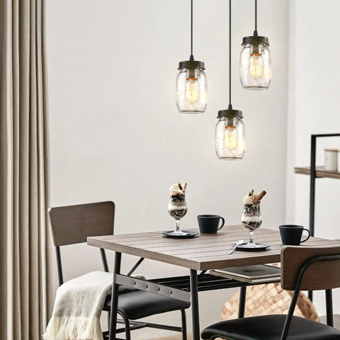 Dining room with Three Light Mason Jar Pendant Chandelier For Farmhouse Kitchen And Dining Room, Adjustable Ceiling Light Fixture