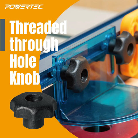 T Track Knob Kit With Seven Star Knobs And 1/4-20 Bolts And Washers, close-up of knob attached to T-track for woodworking jigs