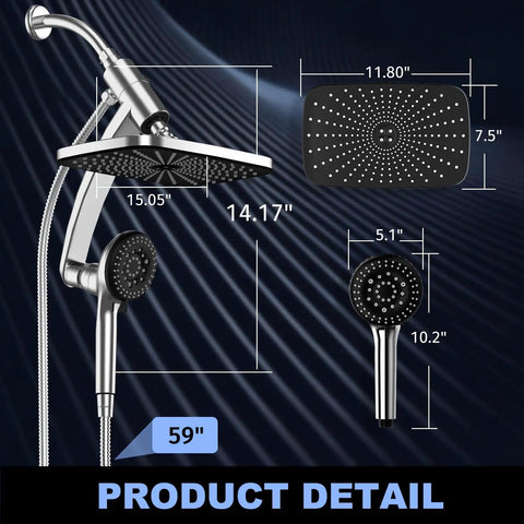 11.8 Inch High Pressure Rain Shower Head Combo With 9 Spray Handheld And Magnetic Dock Dual Showerheads dimensions
