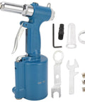 Heavy Duty Automated Pneumatic Rivet Kit With Air Hydraulic System For Fast One Step Riveting On Industrial Assembly Jobs And Auto Repair Shops That Actually Deliver Reliable Tight Locks Every Single Time. Blue metal tool and accessories on white