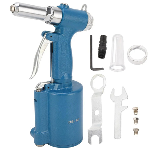 Heavy Duty Automated Pneumatic Rivet Kit With Air Hydraulic System For Fast One Step Riveting On Industrial Assembly Jobs And Auto Repair Shops That Actually Deliver Reliable Tight Locks Every Single Time. Blue metal tool and accessories on white