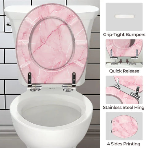 Toilet Seat Round Resin for Bathroom in pink marble design, showcasing grip-tight bumpers and quick release feature.