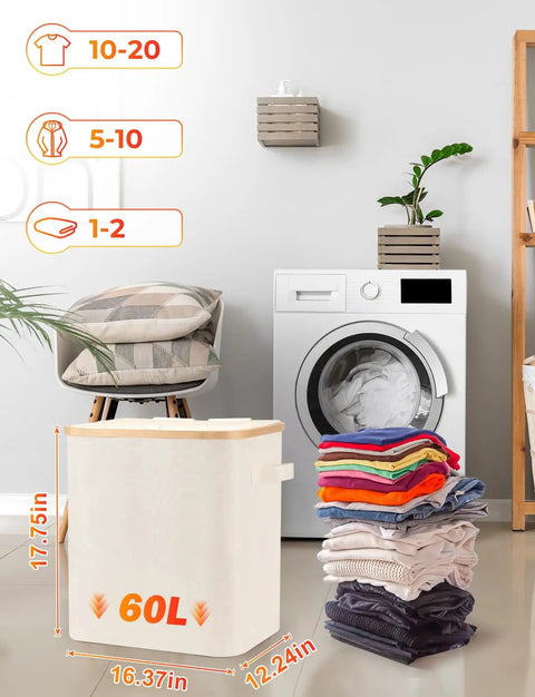 Laundry room scene with a 60L Collapsible Laundry Basket With Lid, Waterproof Oxford Fabric Tote With Bamboo Frame, Beige, near washing machine