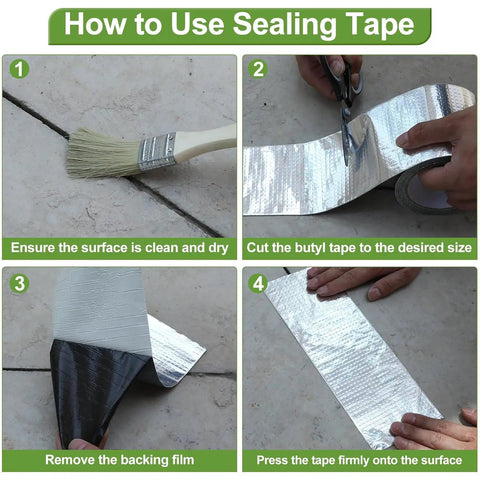 Steps showing installation of Heavy Duty Self Adhesive Roofing Tape For Fixing Shingles And RV Leaks Pro Grade Waterproof Bitumen Underlayment.
