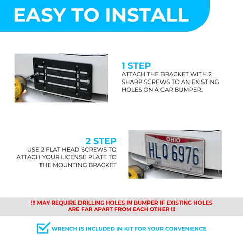 Easy installation steps for Heavy Duty Front Bumper License Plate Bracket For Nissan 2000 To 2026 with wrench and screws.