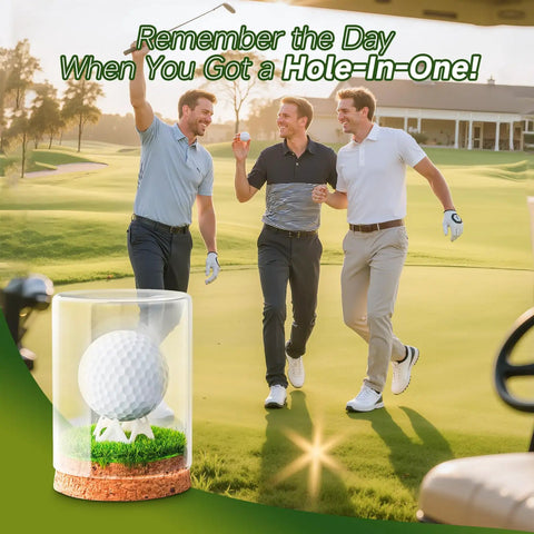Hole In One Golf Ball Display Case With Crystal Clear Glass Stand, Premium Cork Base, Lifelike Turf, And Plastic Tee in golf scene