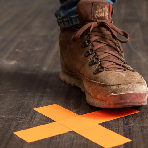 Neon Orange Duct Tape 1.88 Inches Wide By 15 Yards Long Single Roll Tearable By Hand applied on floor for marking