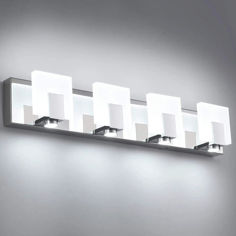 Over Mirror Vanity Lights Three Light Modern Chrome Fixture for Bathroom, stainless steel frame with acrylic shade.