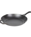 10 Inch Preseasoned Cast Iron Skillet With Ergonomic Handles, Pour Spouts, And Durable Build, shown in side angle view.