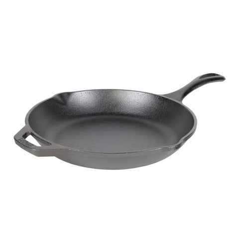 10 Inch Preseasoned Cast Iron Skillet With Ergonomic Handles, Pour Spouts, And Durable Build, shown in side angle view.