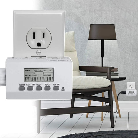 All Season Dual Grounded Outlets Outdoor Digital Timer With Six Inch Cord Plug And Play Simple Three Button Setup For Christmas Lights And Led Decor No Sweat displayed on wall outlet.