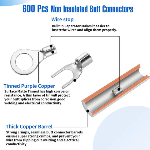 600 Piece Non Insulated Ring Terminal Kit And Butt Fork Connectors Set For AWG 22 To 10 Copper Wire, diagram showing terminal parts