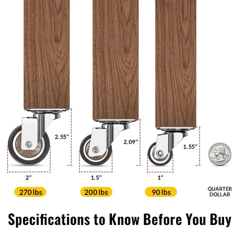 Heavy Duty 1 Inch Low Profile Caster Wheels For Household Furniture Set Of 4 featuring three wheel sizes and weight capacities.