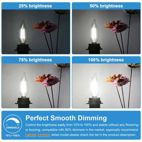 Dimmable E12 Candelabra LED Bulbs 60W Incandescent Equivalent 5000K Daylight White Clear Filament Chandelier Light Bulbs 6W 600lm CA11 Vintage Ceiling Fan Light Bulbs With Flame Tip No Fuss Fully Dimmable Energy Saving at various brightness levels.