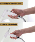 Hands demonstrating use of Premium Handheld Bidet Sprayer Kit for Toilet with Adjustable Flow, Leak Proof Stainless Steel Braided Hose.