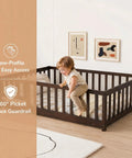 Child climbing on Queen Size Rubber Wood Bed Frame With Safety Guardrails And Door, Heavy Duty Floor Bed Foundation Supports Up To 500 Lbs