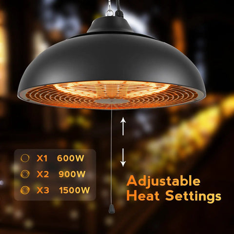 Ceiling Mounted 1500W Patio Heater For Outdoor Spaces, 3S Instant Heat, Three Power Modes shown in cozy ambiance.