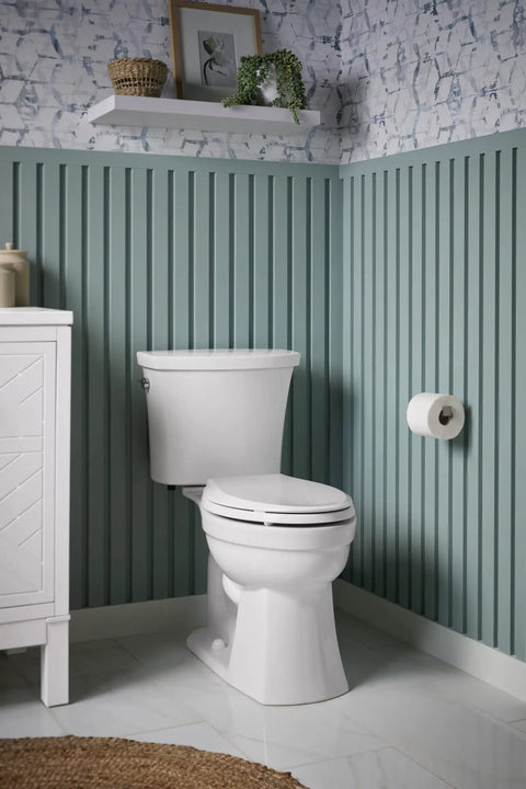 Kelston Revolution 360 Toilet Tank 1.28 GPF White With Left Hand Trip Lever AquaPiston Canister in bathroom setup