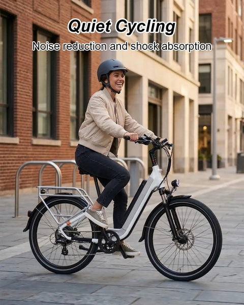 Person riding bike in city with text 'Quiet Cycling' and 'Noise reduction and shock absorption' visible on image.