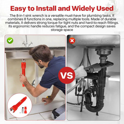 Person using 8 In 1 Multifunction Sink And Faucet Installer Wrench for kitchen plumbing repair under sink