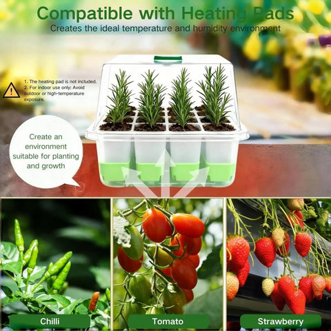 Silicone Seed Starter Tray With Humidity Dome Indoor Seedling Kit 5 Pack 60 Cell Germination Trays Adjustable Vent Reusable And Dishwasher Safe For Herbs Vegetables And Flowers For Easy Grow with seedlings and fruits.