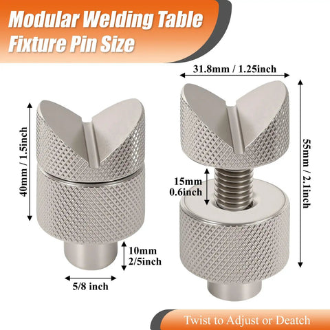 Adjustable Welding Table Fixture Pins Eight Pack Pro Grade Set For Five Eighths Inch Table Holes with height and size details